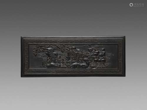 A CARVED ZITAN TABLE-FORM ‘SHOULAO AND BOYS’ MINIATURE STAND, QING