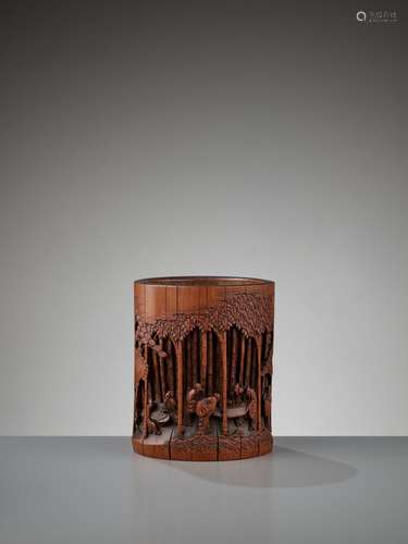 A RETICULATED BAMBOO ‘SEVEN SAGES’ BRUSH POT, BITONG, MID-QING