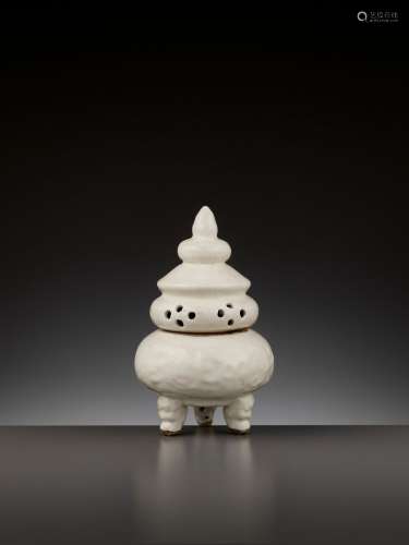 A RARE WHITE-GLAZED ANHUA-DECORATED INCENSE BURNER AND COVER, LATE SONG TO EARLY MING