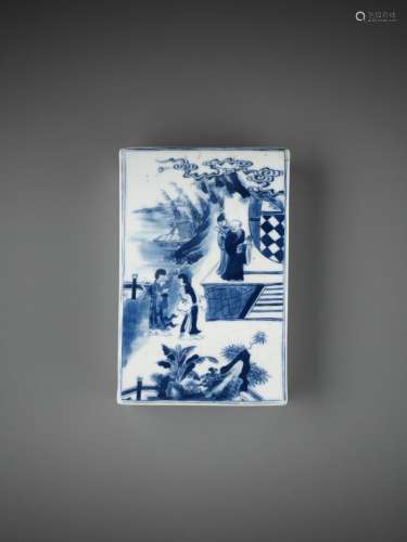 A BLUE AND WHITE ‘ROMANCE OF THE WESTERN CHAMBER’ PORCELAIN WEIGHT, QING DYNASTY