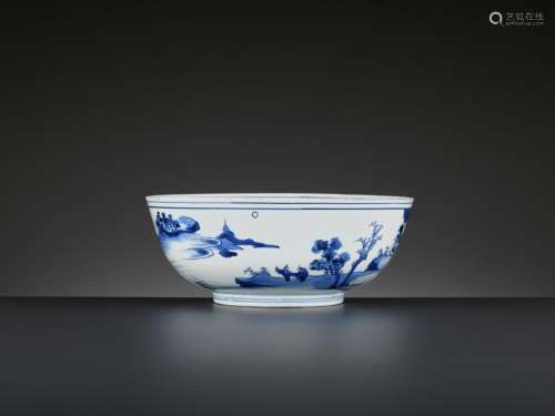 A BLUE AND WHITE ‘LANDSCAPE’ BOWL, LATE MING DYNASTY