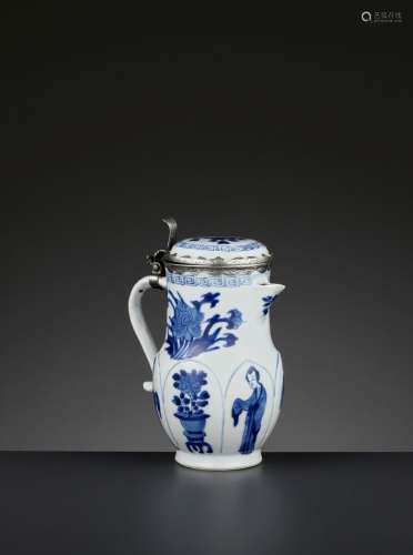 A SILVER-MOUNTED BLUE AND WHITE JUG AND COVER, KANGXI PERIOD