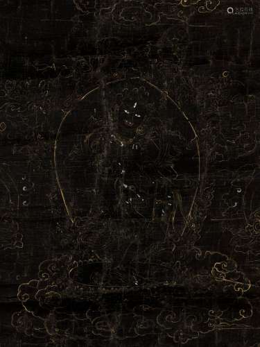 A BLACK GROUND THANGKA OF A DAKINI, 18TH CENTURY