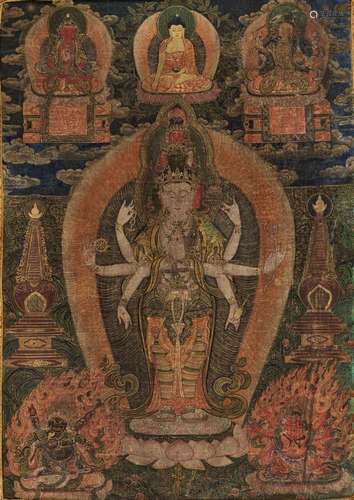 A THANGKA OF EKADASHAMUKHA AVALOKITESHVARA, 19TH CENTURY