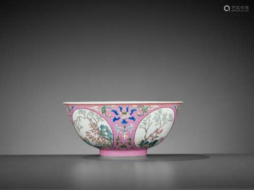 A PINK GROUND FAMILLE ROSE ‘RABBIT’ SGRAFFIATO BOWL, DAOGUANG MARK AND PERIOD