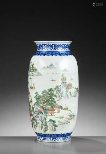 AN ENAMELED ‘LANDSCAPE’ LANTERN VASE, QIANLONG MARK AND POSSIBLY OF THE PERIOD