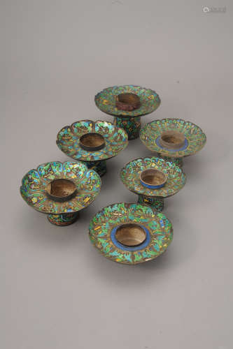 清 銅胎琺瑯花卉燭台 共六件 來源:船木家族舊藏