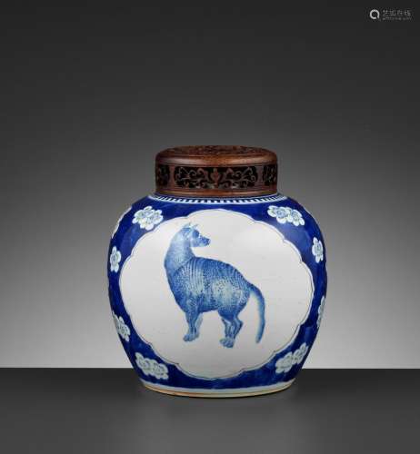 A BLUE AND WHITE ‘DOG AND DEER’ GINGER JAR, KANGXI
