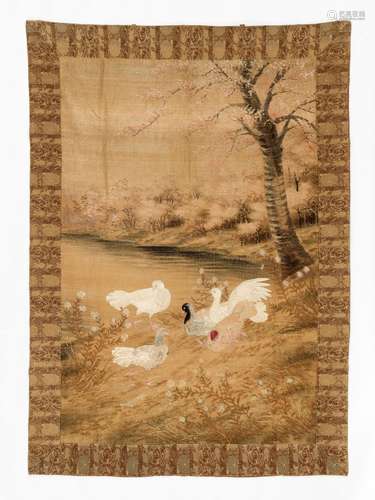 A LARGE EMBROIDERED SILK ‘PIGEONS ON A LAKESHORE’ WALL HANGING