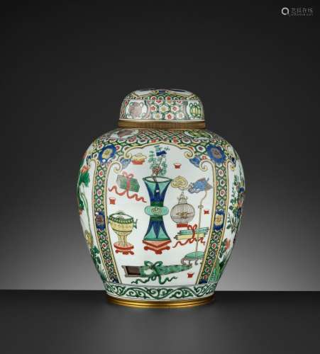 A FAMILLE VERTE ‘BUDDHIST TREASURES’ JAR AND COVER, QING DYNASTY