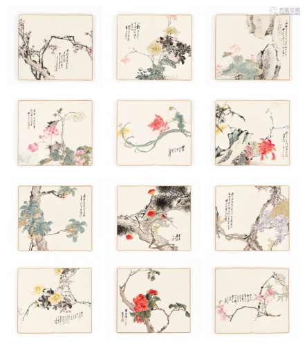 AN ALBUM OF TWELVE FLORAL STUDIES, BY SHAO SHENG, LATE REPUBLIC PERIOD