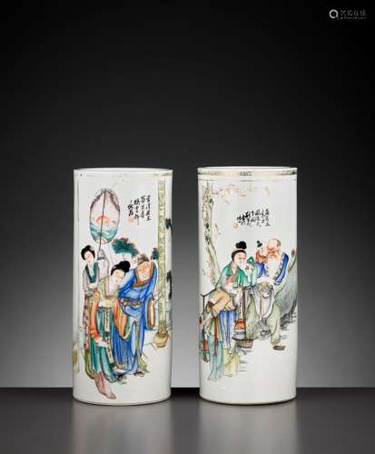 TWO ‘SCENES FROM THE TANG COURT’ CYLINDRICAL VASES, REPUBLIC PERIOD
