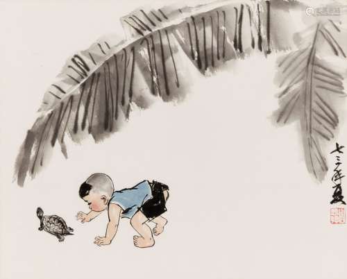 ‘BOY AND TORTOISE UNDER BANANA LEAF’, BY ZHOU SICONG (1939-1996)