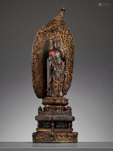 A POLYCHROME ENAMELED BRONZE FIGURE OF KANNON BOSATSU, LATE EDO PERIOD