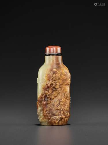A YELLOW AND RUSSET JADE SNUFF BOTTLE, ‘MASTER OF THE ROCKS’ SCHOOL, QING DYNASTY