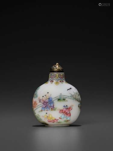 AN IMPERIAL ENAMELED WHITE GLASS ‘BOYS’ SNUFF BOTTLE, QIANLONG MARK AND PERIOD