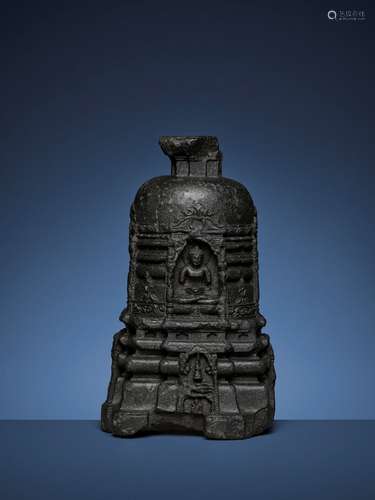 A MASSIVE INDIAN CARVED BLACK STONE VOTIVE STUPA WITH FOUR BUDDHAS, PALA PERIOD