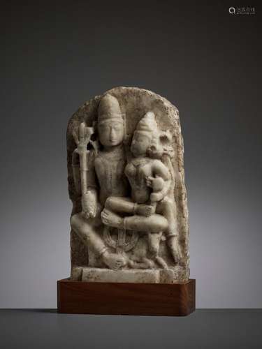 AN INDIAN WHITE MARBLE RELIEF OF UMA MAHESHVARA, 12TH-13TH CENTURY