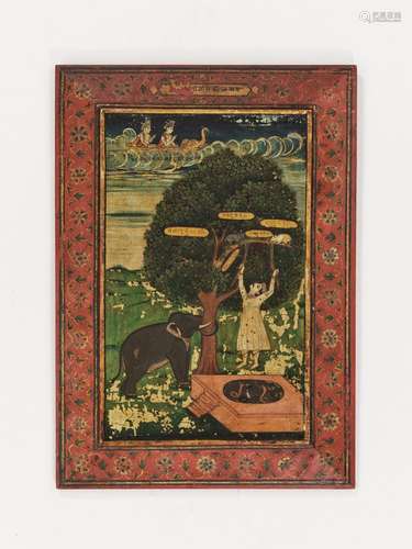 A JAIN ‘ELEPHANT SHAKING A TREE’ WOOD PANEL