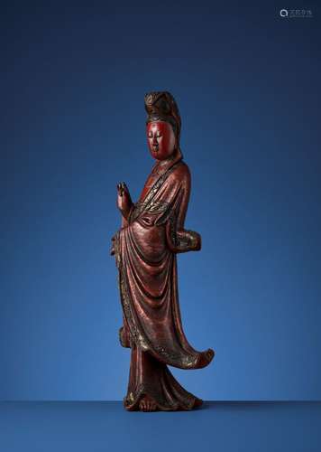 A VIETNAMESE RED AND GILT-LACQUERED WOOD STATUE OF GUANYIN