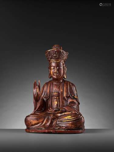 A RED AND GILT-LACQUERED WOOD STATUE OF A CROWNED BUDDHA