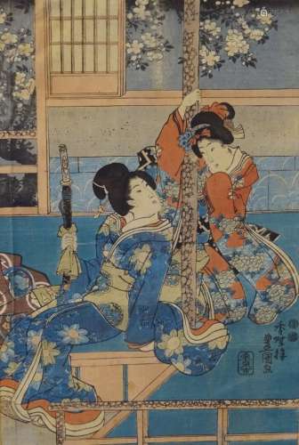 UTAGAWA TOYOKUNI III (1785-1865) 三联画中的大板手绘部分，两个艺妓，其中一个拿着剑，署名为