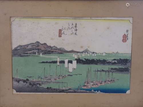 美保图》，署名Hiroshige ga，竹内马高八出版，约1833-34年(玻璃下装裱，有污渍、褶皱) 尺寸(见图)22x34cm 专家：Cabinet Portier