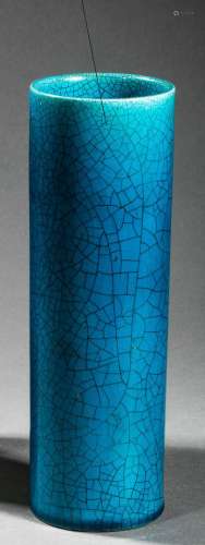 绿松石蓝色珐琅彩和开裂的瓷器卷轴花瓶 - 1930年代 - 高：20厘米 - 内壁有轻微的珐琅彩跳动现象