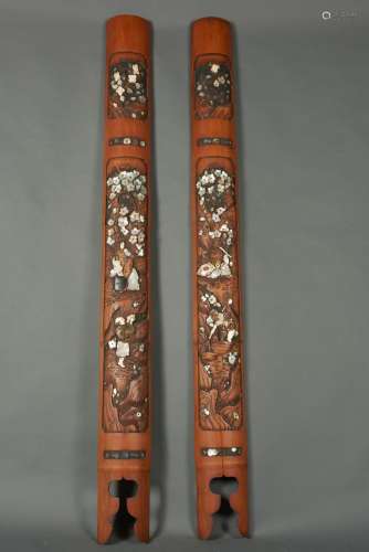 日本，明治时期（1868-1912）。两根竹子，刻画了涉及人物的场景。樱花的附带装饰。漆面镶嵌。珍珠母贝不见了。(尺寸待定)