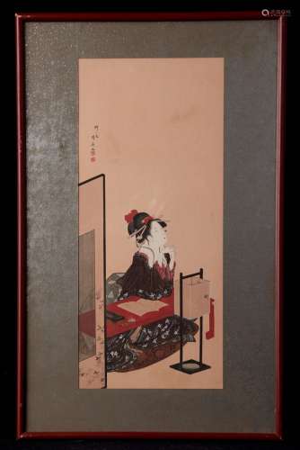 日本，20世纪初。印刷品显示一名妇女坐在她的工作桌前。侧栏。(尺寸待定)