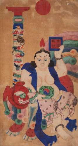中国，20世纪。画的是一个坐在狮子上，右手拿着