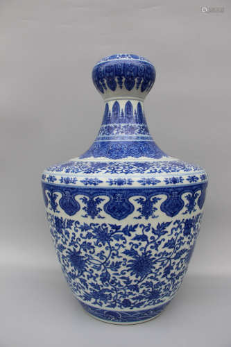 CHINESE Blue White Foliage Porcelain Vase, Marked