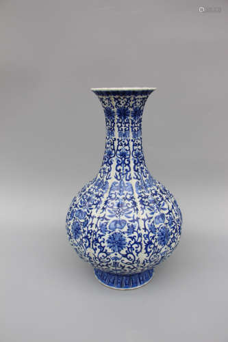 CHINESE Blue White Foliage Porcelain Vase, Marked