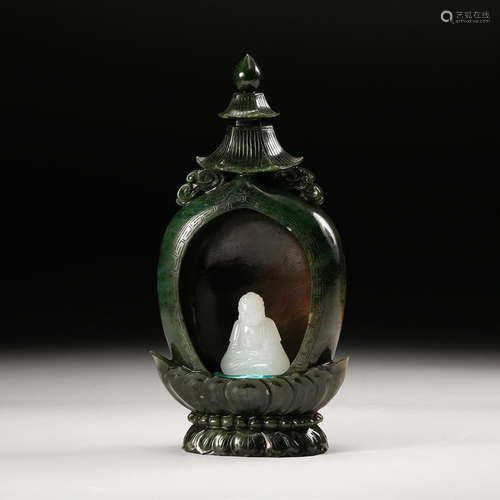 Chinese Spinach Jade Carved Buddhist Shrine