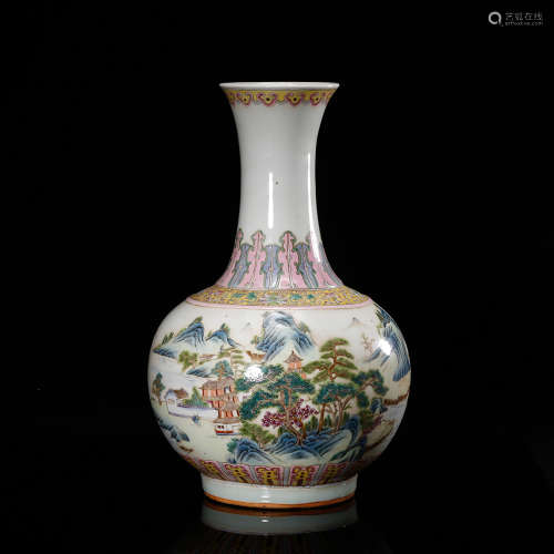Chinese Famille Rose Landscape Porcelain Vase