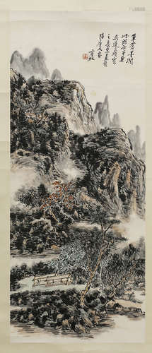 Chinese Ink And Color Landscape Scroll Painting