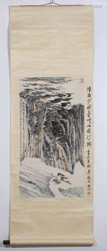 Chinese Ink And Color Landscape Scroll Painting