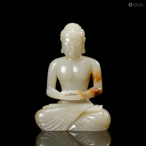 Chinese Celadon Jade Carved Seated Shakyamuni