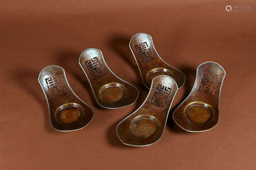 20世纪 铜包银寿字纹茶托一组5个