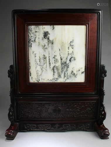 Chinese Hardwood Table Screen with Marble Inlay