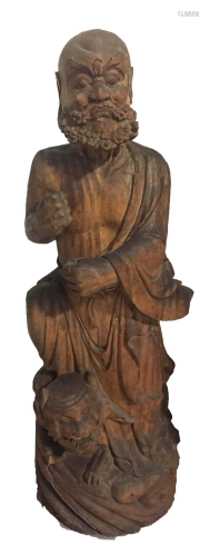 Chinese Wooden Damo Carved Statue