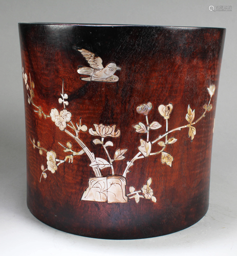 A Large Chinese Wooden Brushpot with Mother Pearl Inlay