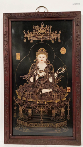 Chinese Hardwood Framed Porcelain Plaque