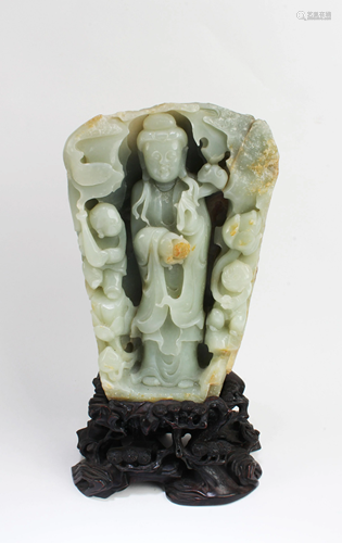 Chinese Carved Jade Guanyin Statue with Wooden Stand