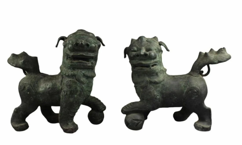 Antique Pair of Bronze Foo Lion Statues