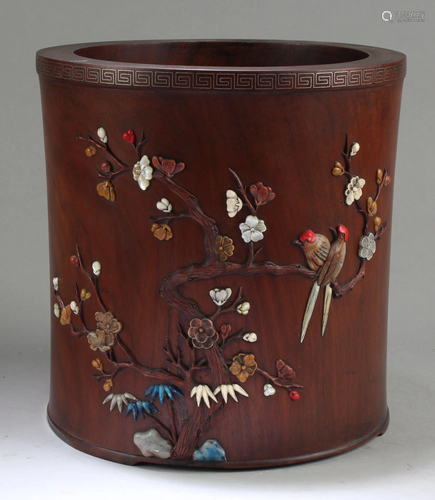 Chinese Hardwood Brushpot with Mother-of-Pearl Inlay