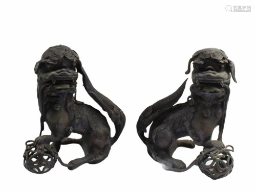 Antique Pair of Bronze Foo Lion Statues
