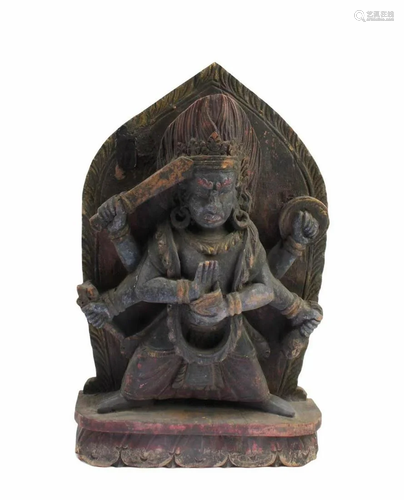 Antique Carved Wooden Tibetan Deity 'Da Wei De Jin