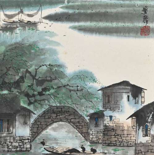 中国，19世纪签名、盖章和描绘的绘画一幅风景画：桥边的一艘船和一艘船。技巧。纸上的颜料。33x33厘米。在玻璃下装框。
