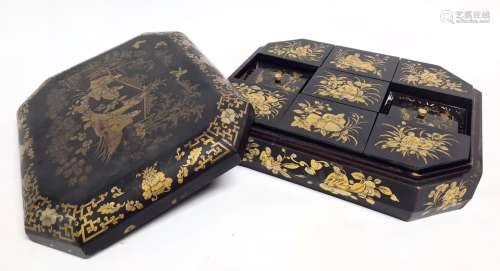 中国或印度支那黑金漆游戏盒，带装饰。11,5 x 38 x 30 cm